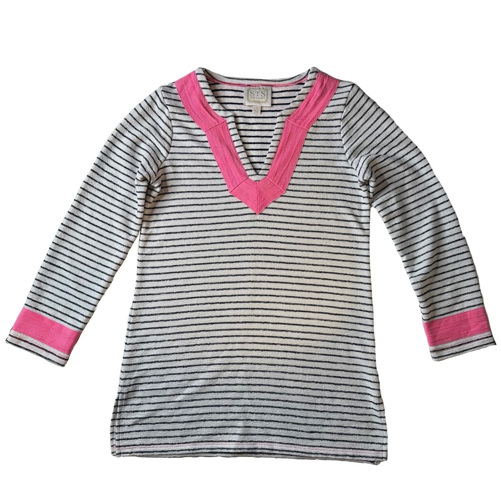 Sail To Sable Tunic White/ Navy Striped with Pink Neckline & Cuffs Coverup
